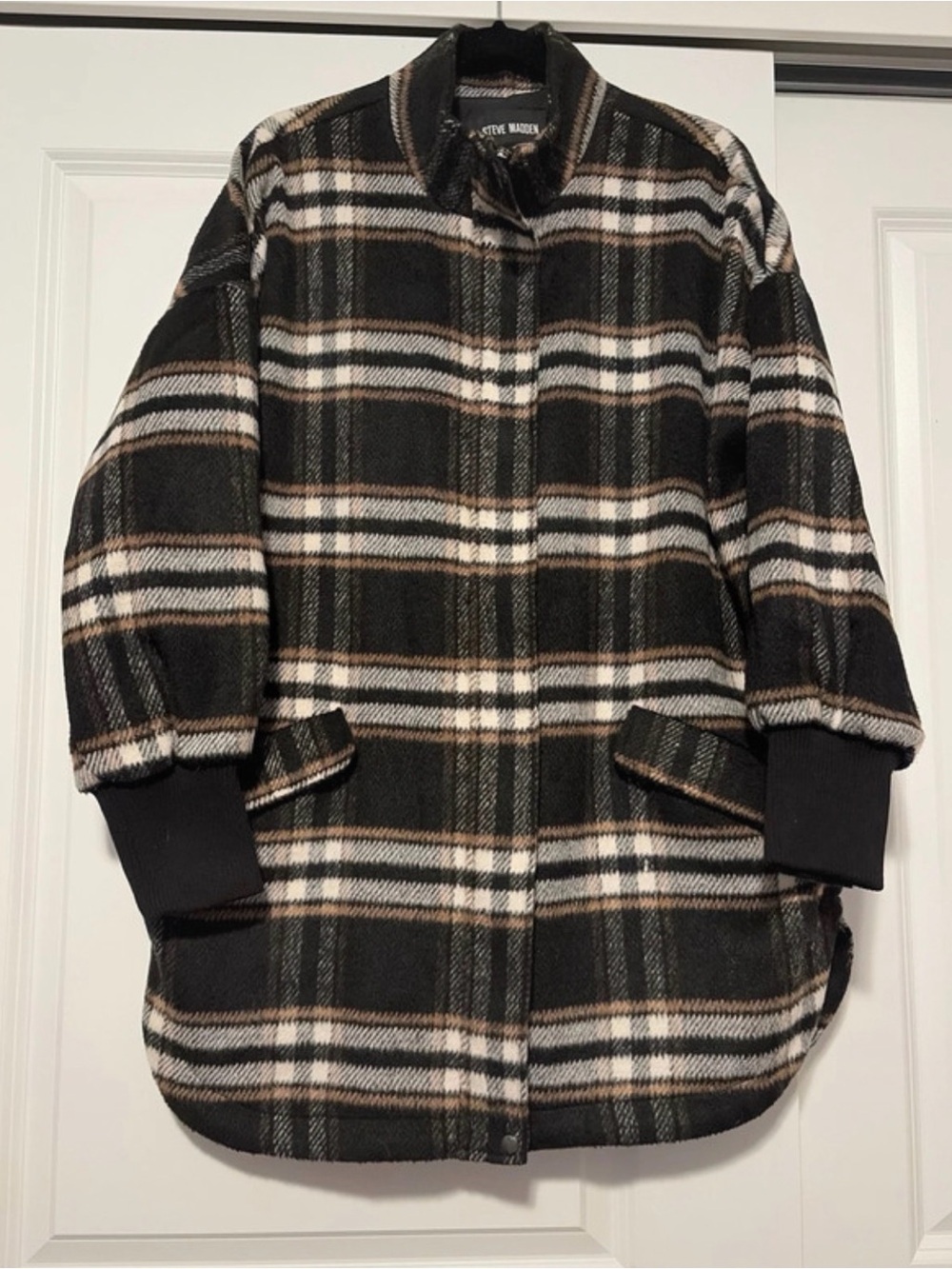 Steve Madden Black Plaid Wool-Blend Pea Coat with Cream & Brown Stripes